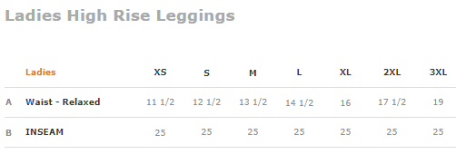 High Rise Leggings Size Chart