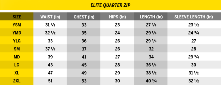 Elite Quarter Zip Size Chart