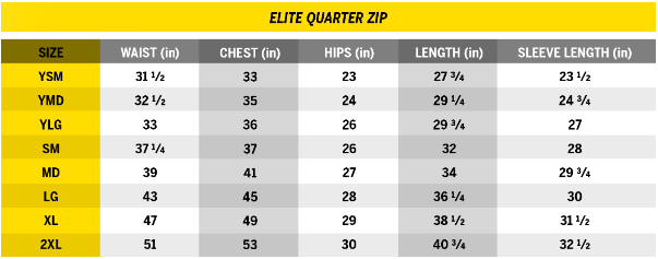 Elite QZip Size Guide